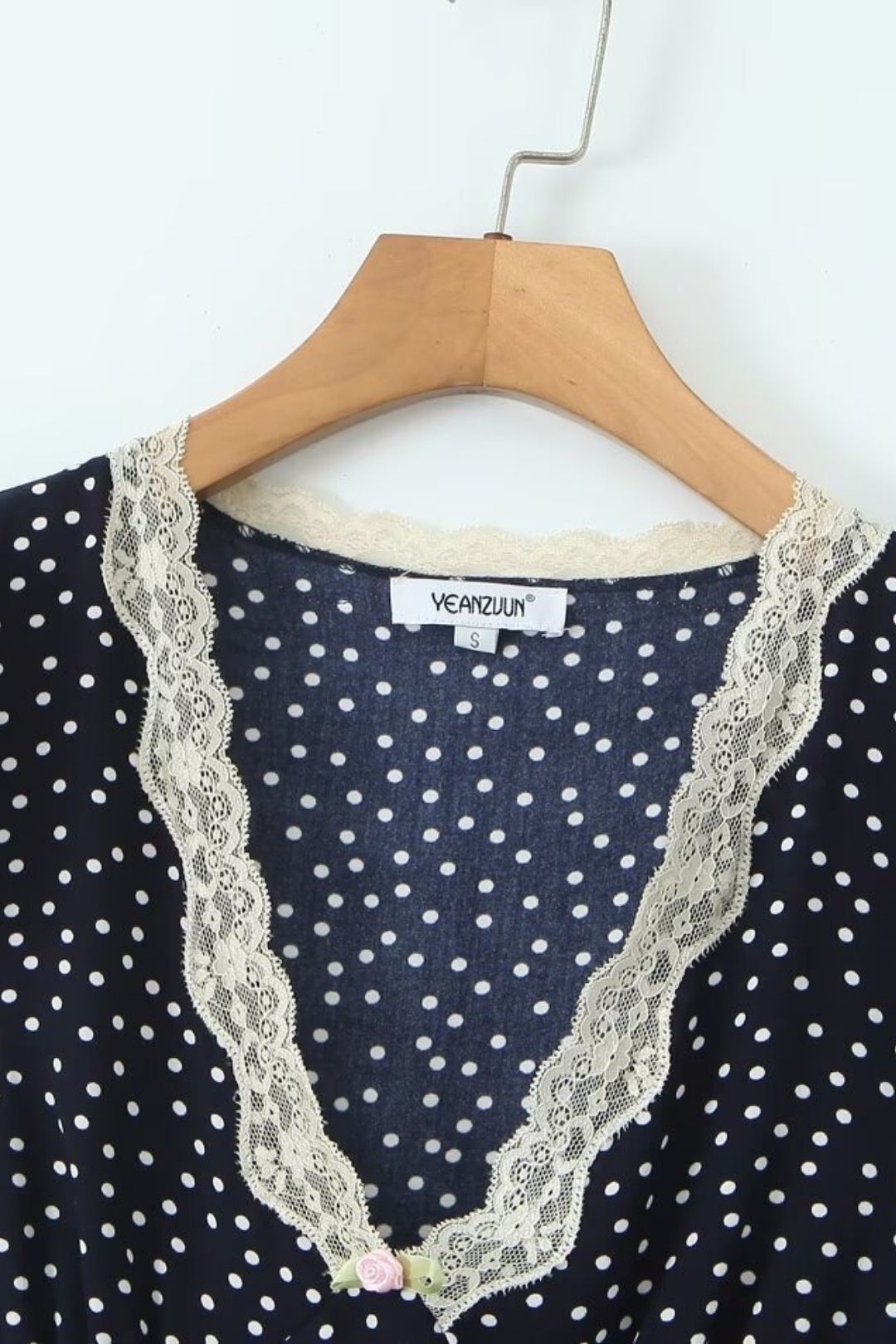 V-neck Waist French Lace Splicing Polka Dot Short Sleeve Dress