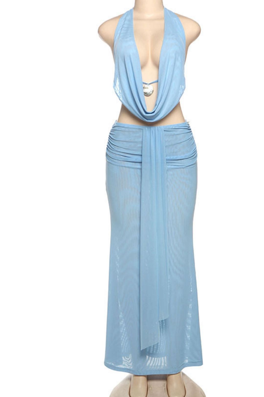 See-through Backless Halter Neck Vest Long Skirt Suit