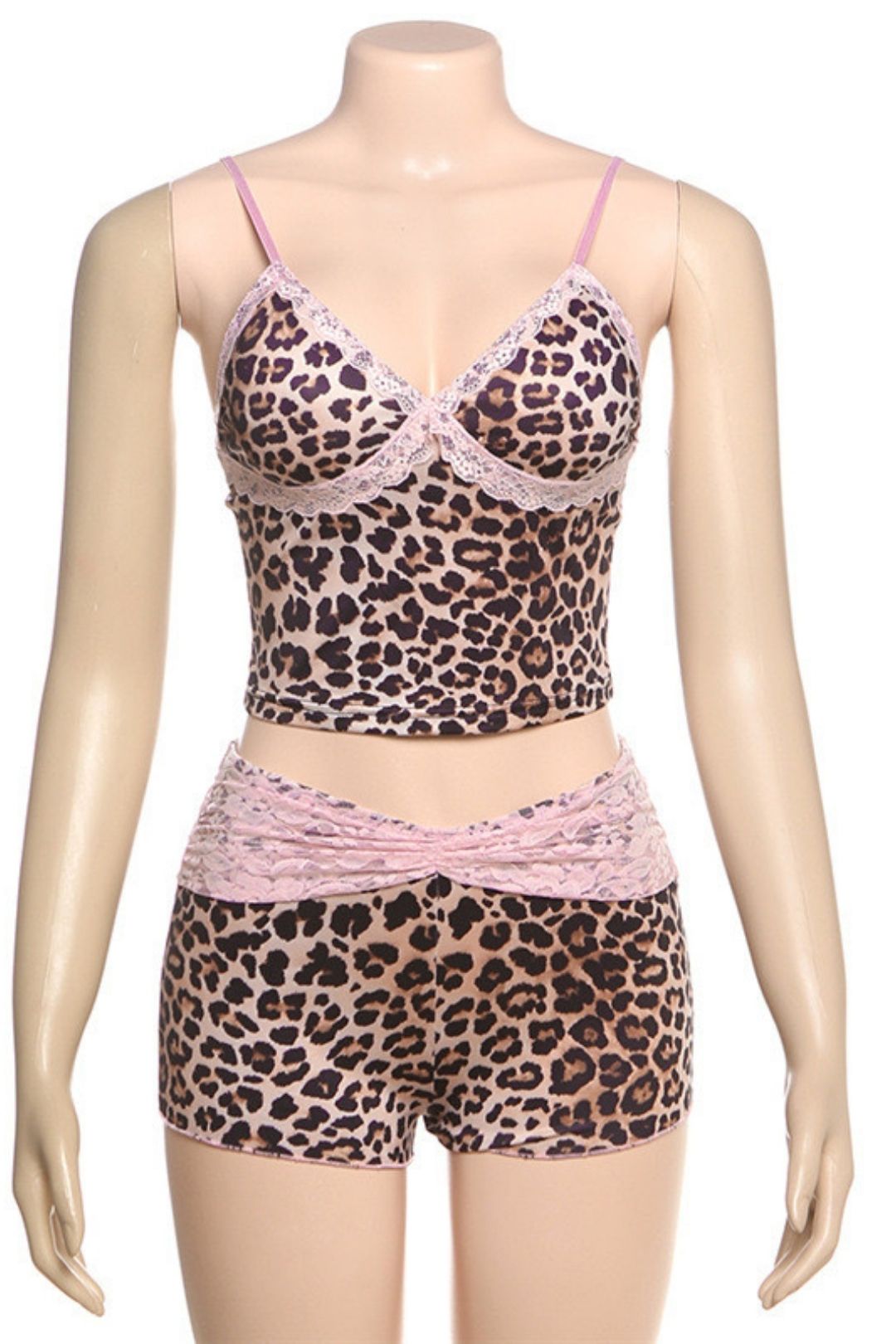 Leopard Print Lace Stitching Navel Vest Shorts Suit