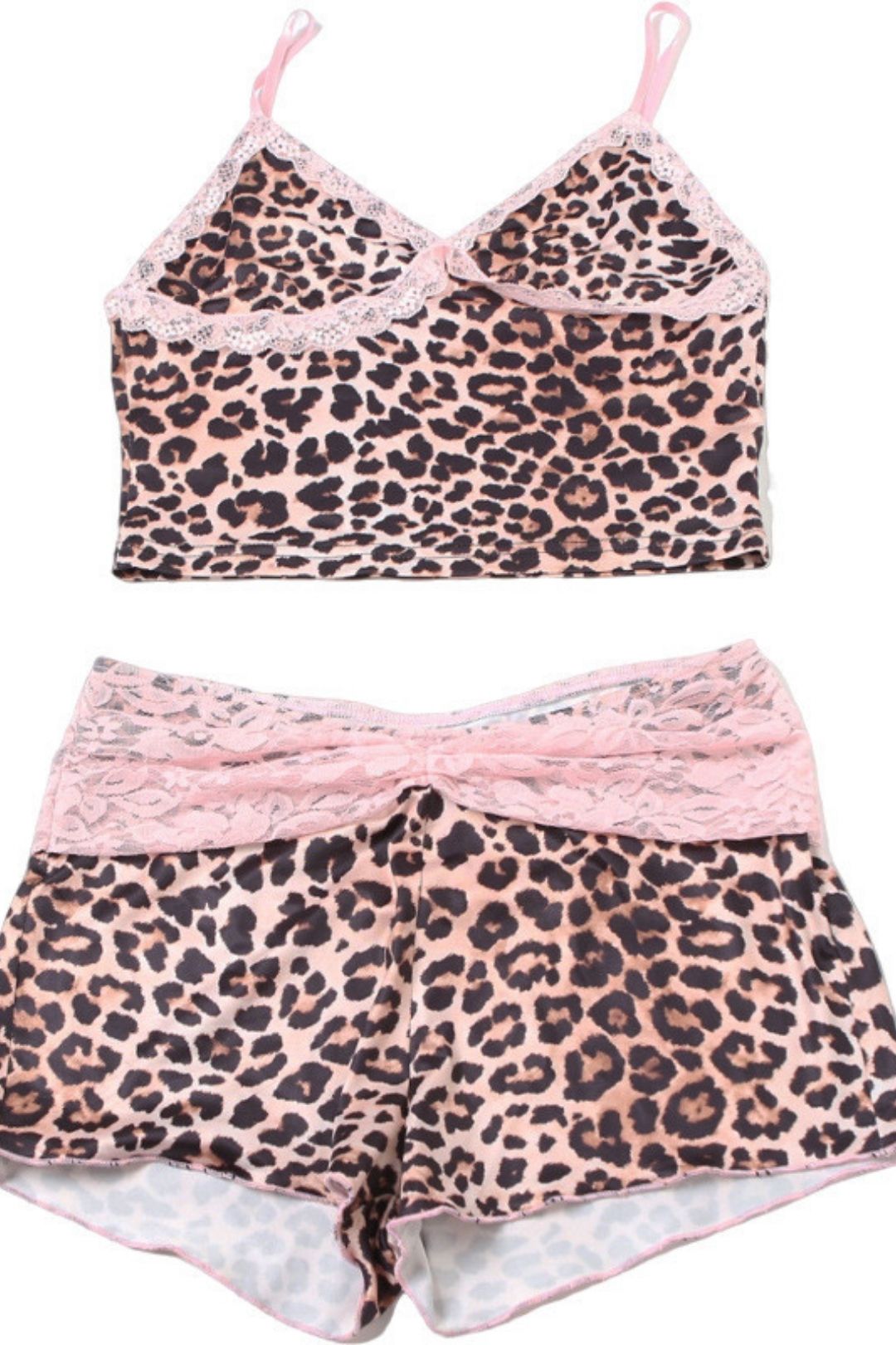 Leopard Print Lace Stitching Navel Vest Shorts Suit