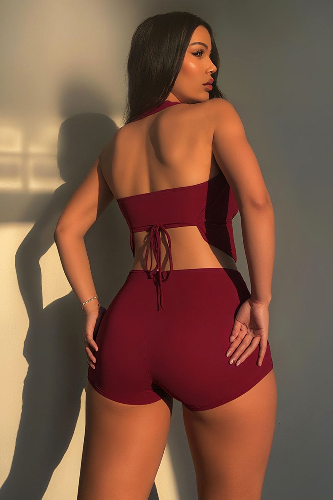 Solid Color Strapless Halter Top Tight Short Set