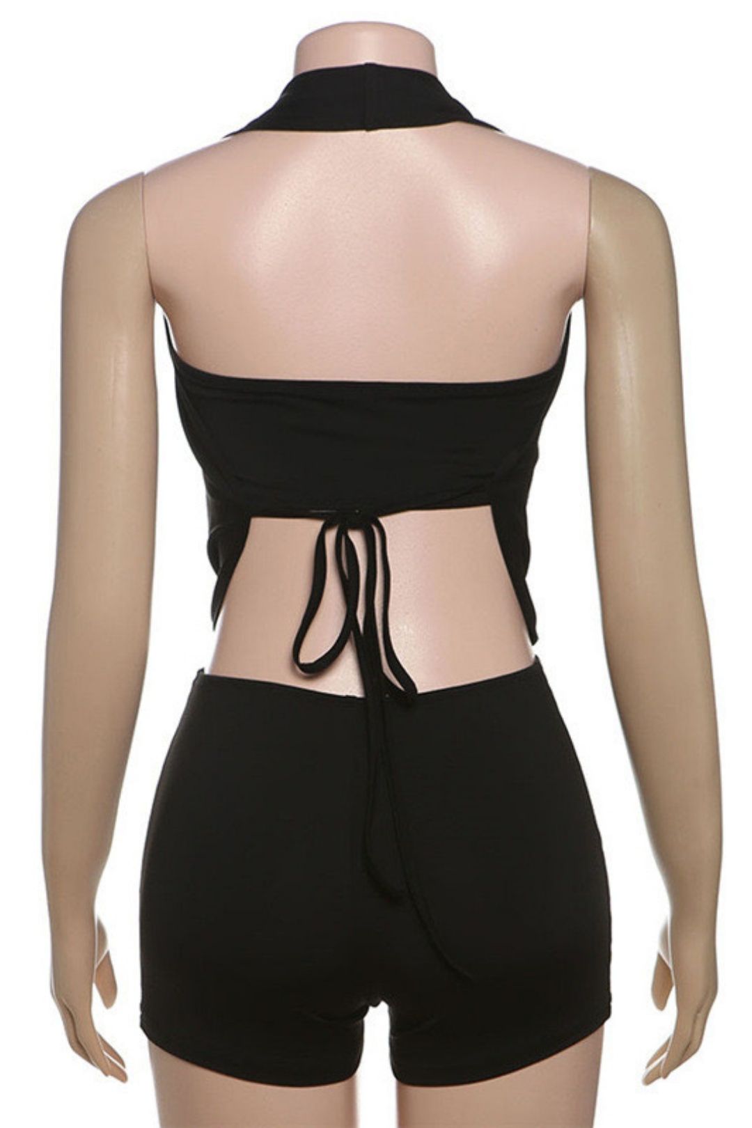 Solid Color Strapless Halter Top Tight Short Set