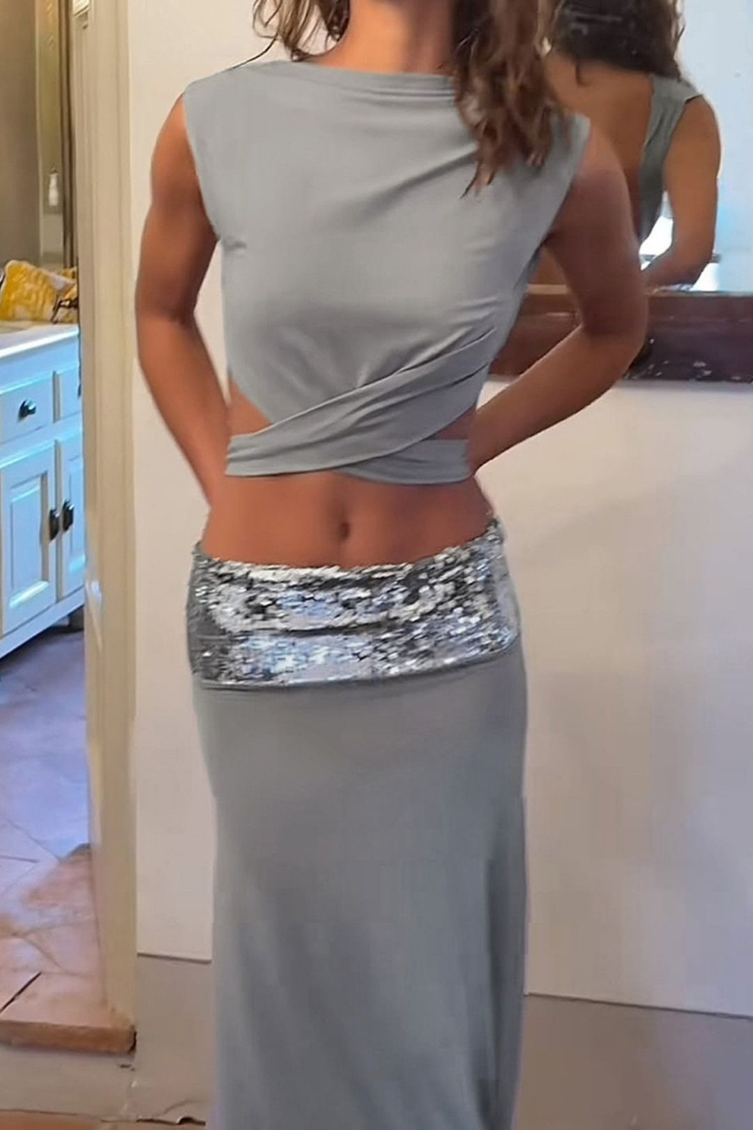 Elegant Creative Backless Top Splicing Long Skirt Suit