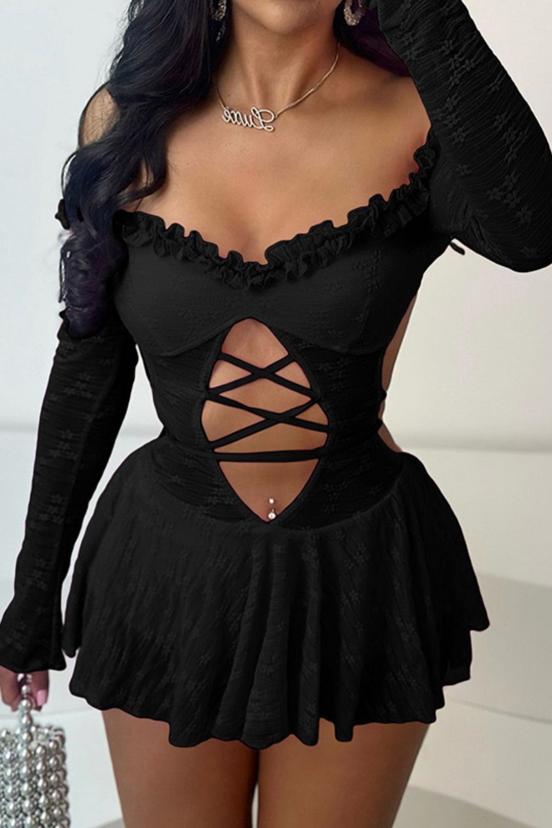 Sexy Hot Girl Off Shoulder Hollowlace-up High Waist Slim-fit Jumpsuit