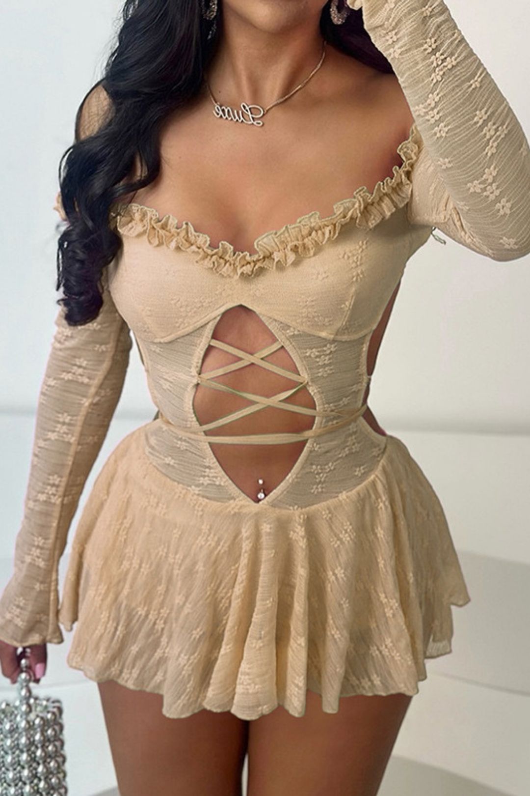 Sexy Hot Girl Off Shoulder Hollowlace-up High Waist Slim-fit Jumpsuit