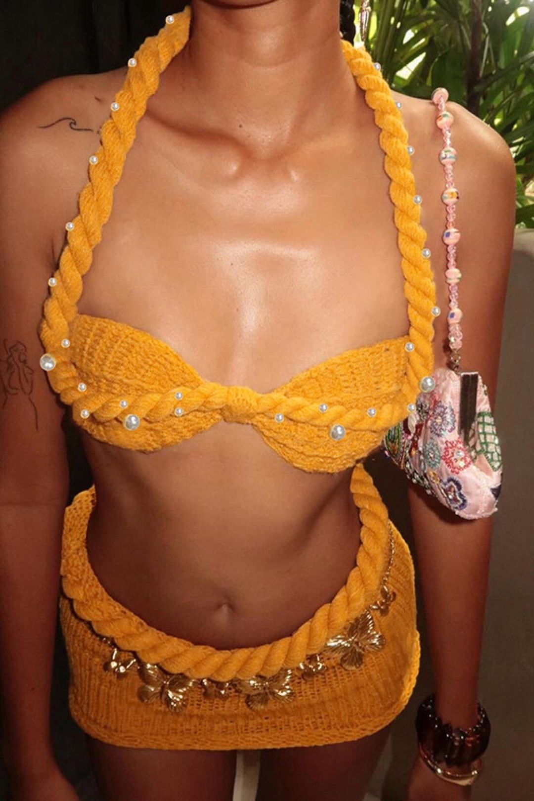 Solid Color Knitted Twistedropeneck Vest Hip Skirt Suit