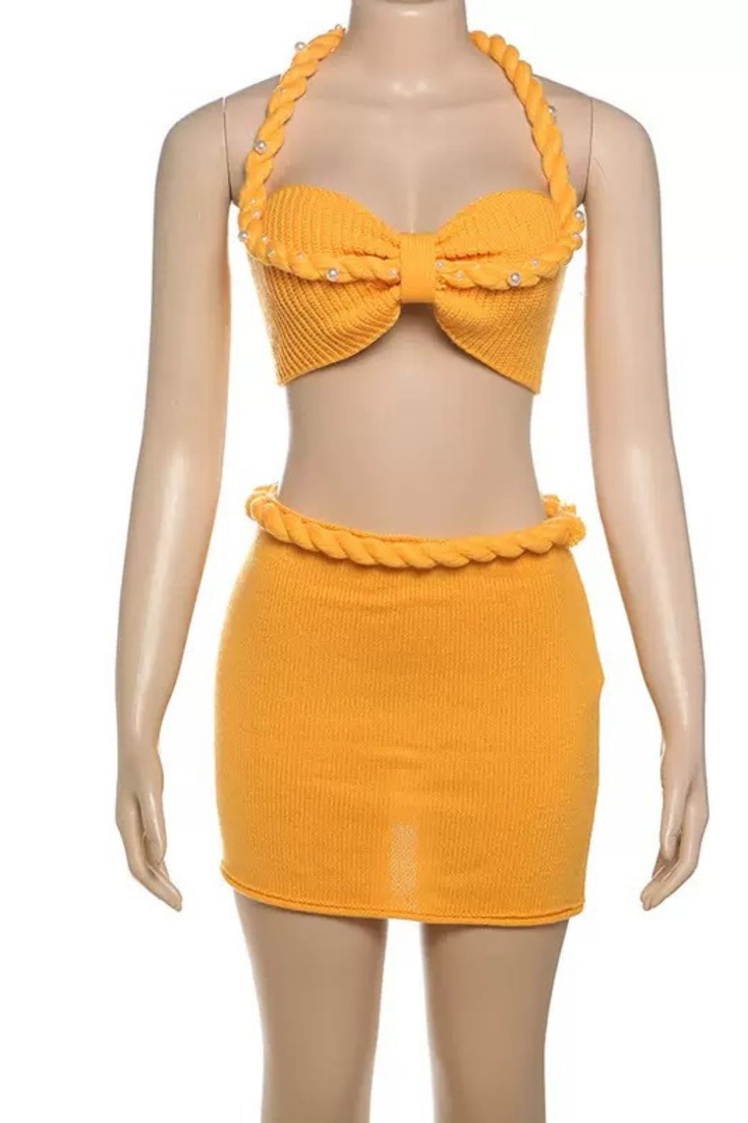 Solid Color Knitted Twistedropeneck Vest Hip Skirt Suit