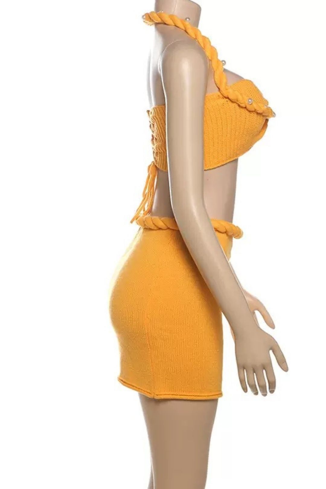 Solid Color Knitted Twistedropeneck Vest Hip Skirt Suit