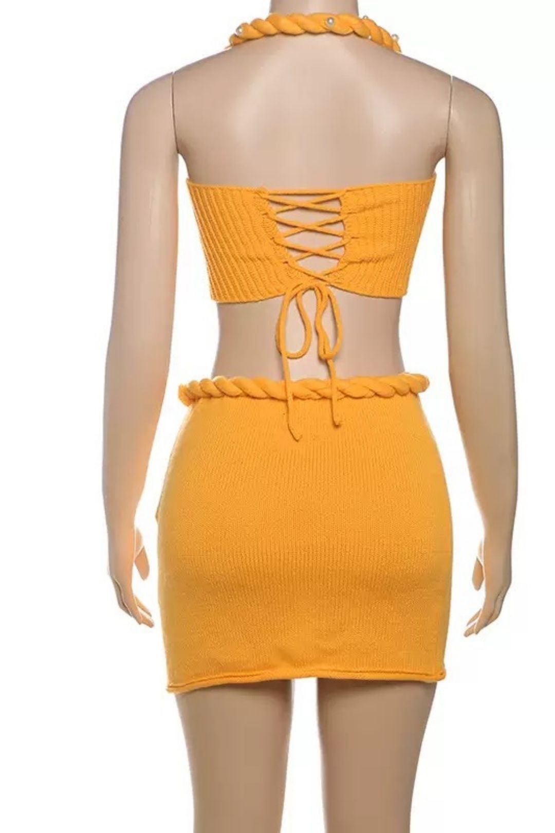 Solid Color Knitted Twistedropeneck Vest Hip Skirt Suit