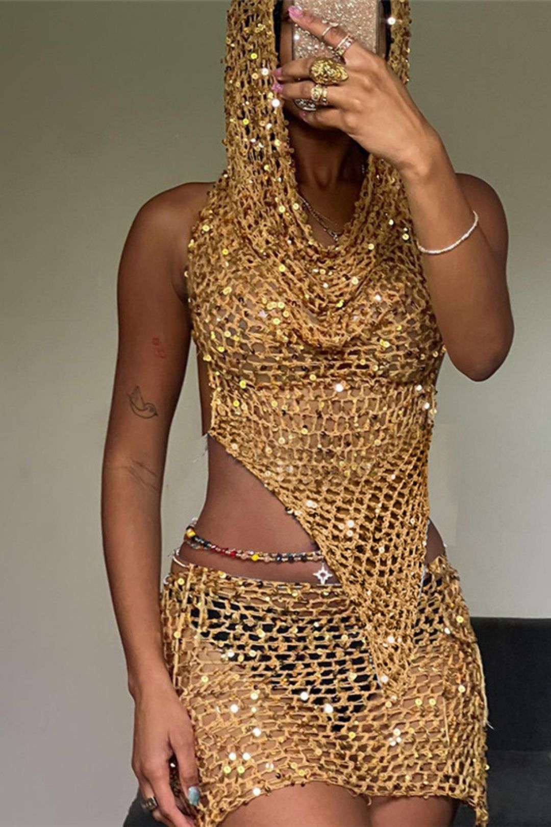 Sexy Sleeveless See-through High-waisted Short Skirt Set