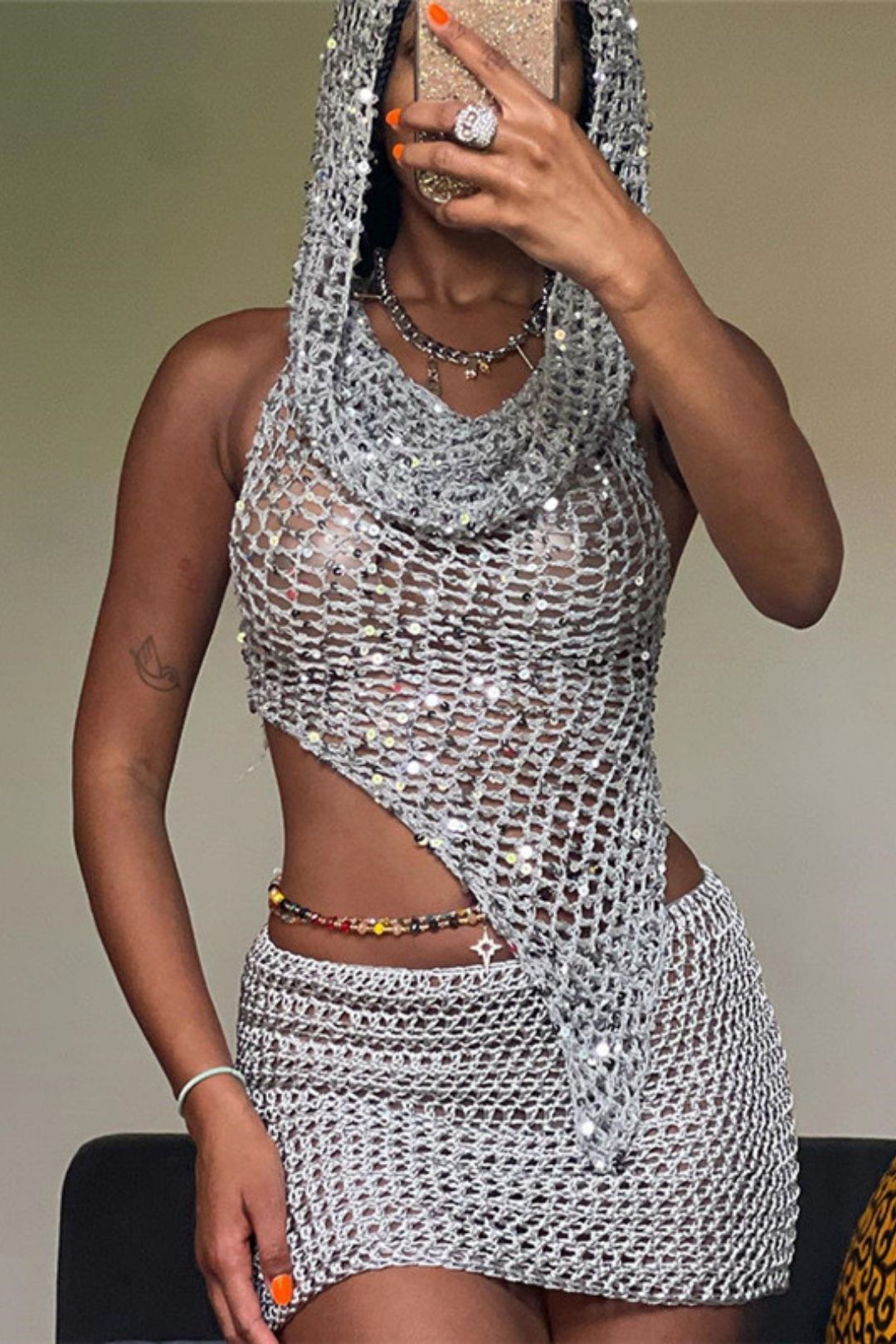 Sexy Sleeveless See-through High-waisted Short Skirt Set