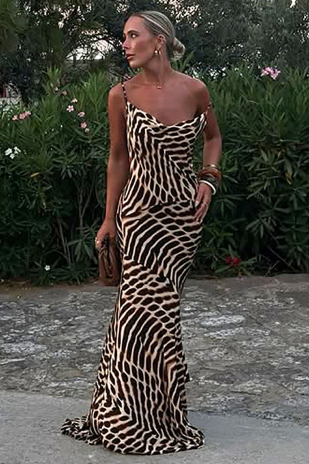 Solid Color  Creative Digital Printing High Waist Suspender Dress
