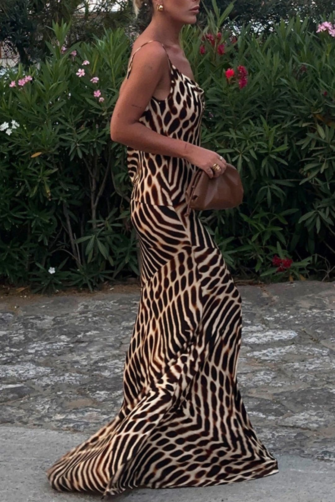 Solid Color  Creative Digital Printing High Waist Suspender Dress