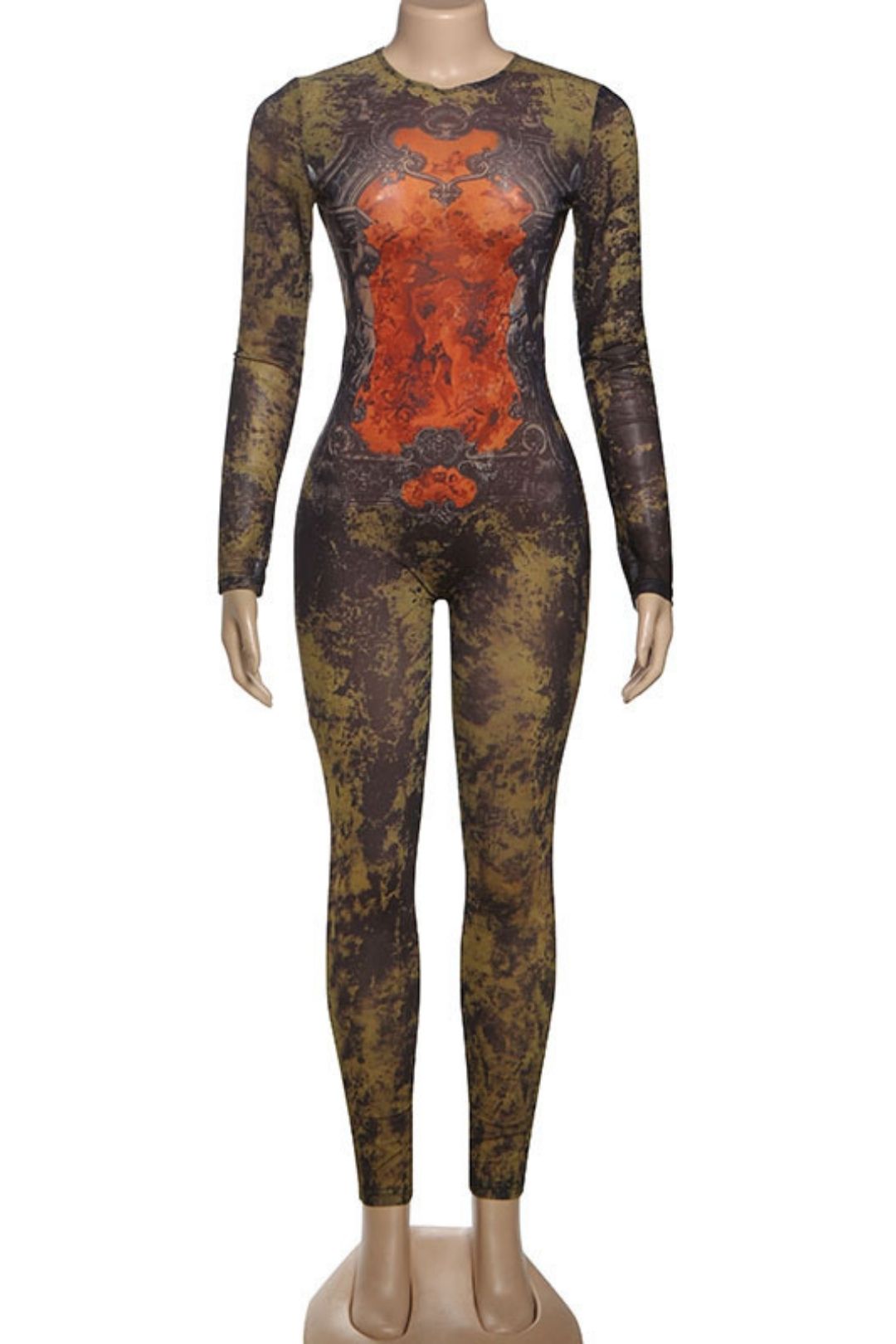 Sexy Street Trendydigitalprinting Long-sleeved Tight Jumpsuit