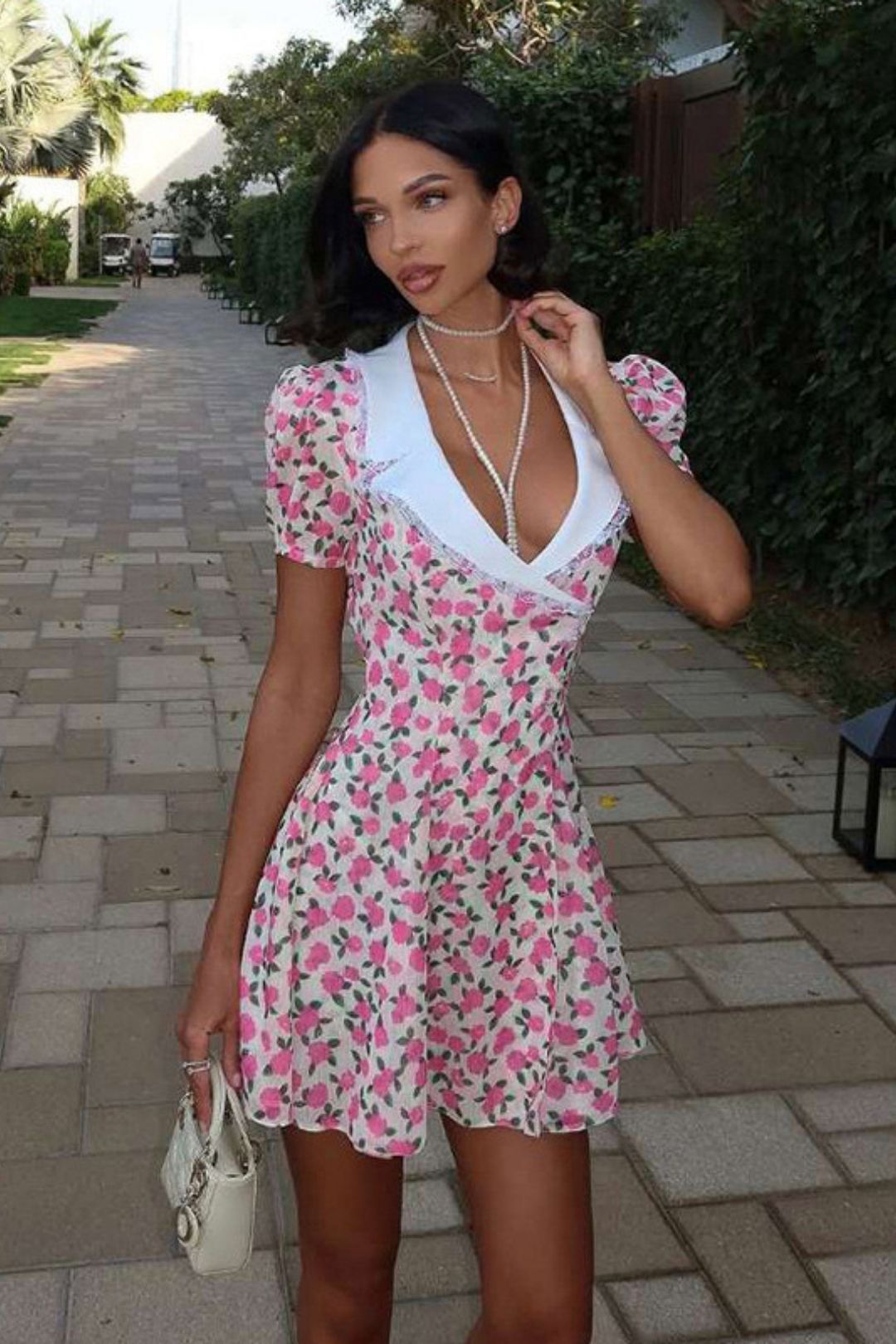 French Temperament Printed Lapel Slim-fit Personality Bubble Sleeve Dress