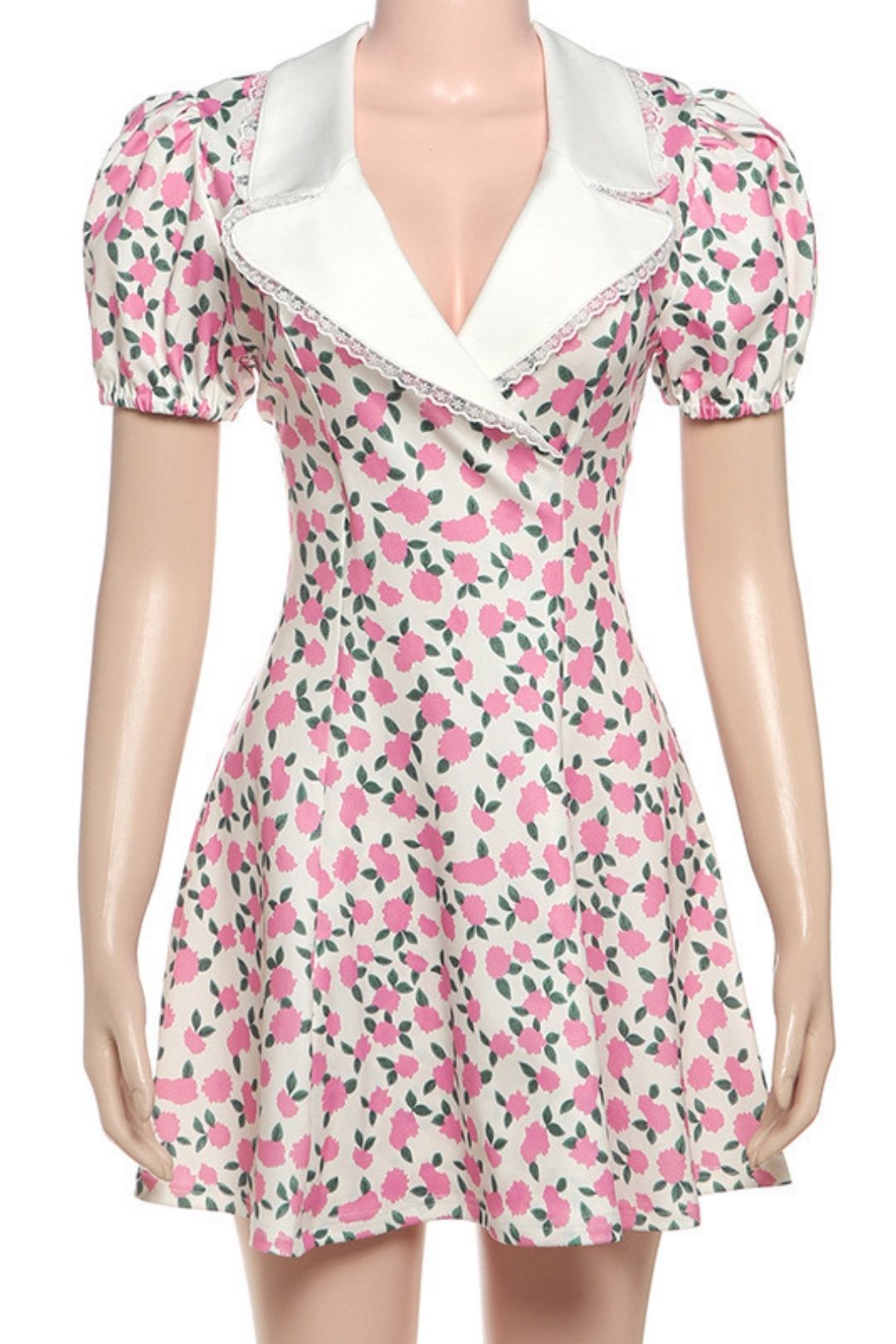 French Temperament Printed Lapel Slim-fit Personality Bubble Sleeve Dress