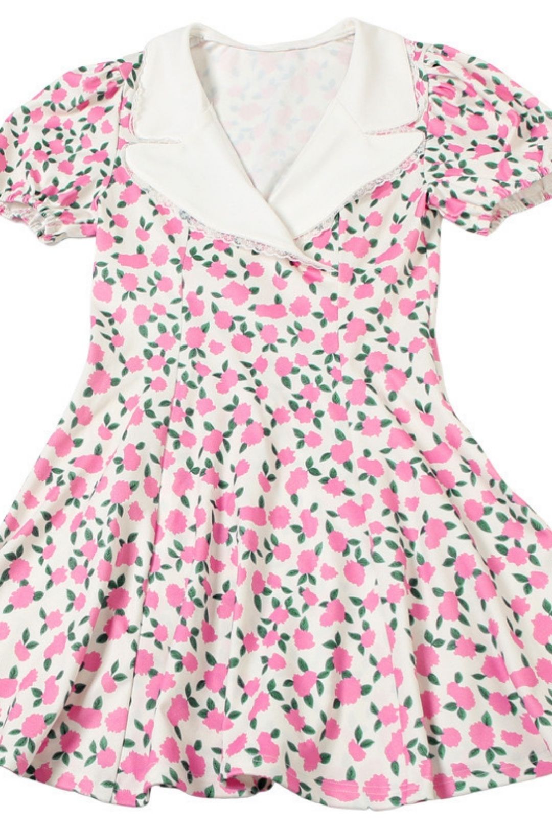 French Temperament Printed Lapel Slim-fit Personality Bubble Sleeve Dress