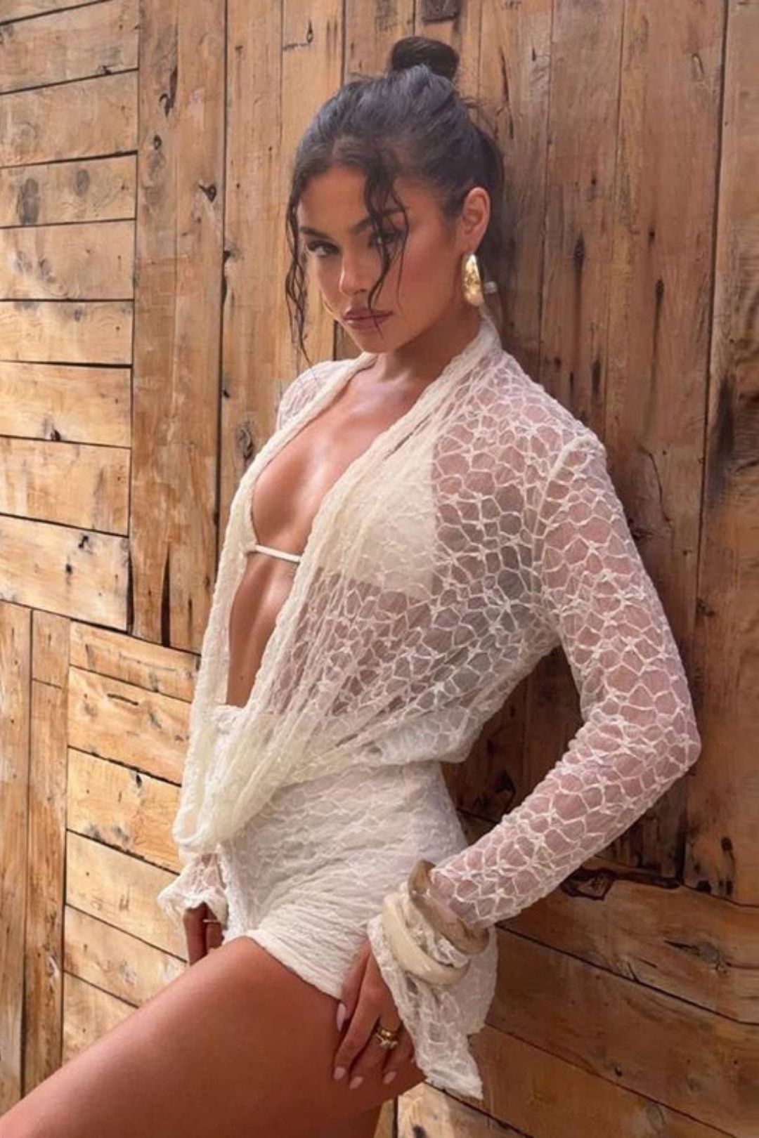 Sexy Lace Cut Out Long-Sleeved Halter Suspender Slim Shorts Three-Piece Set