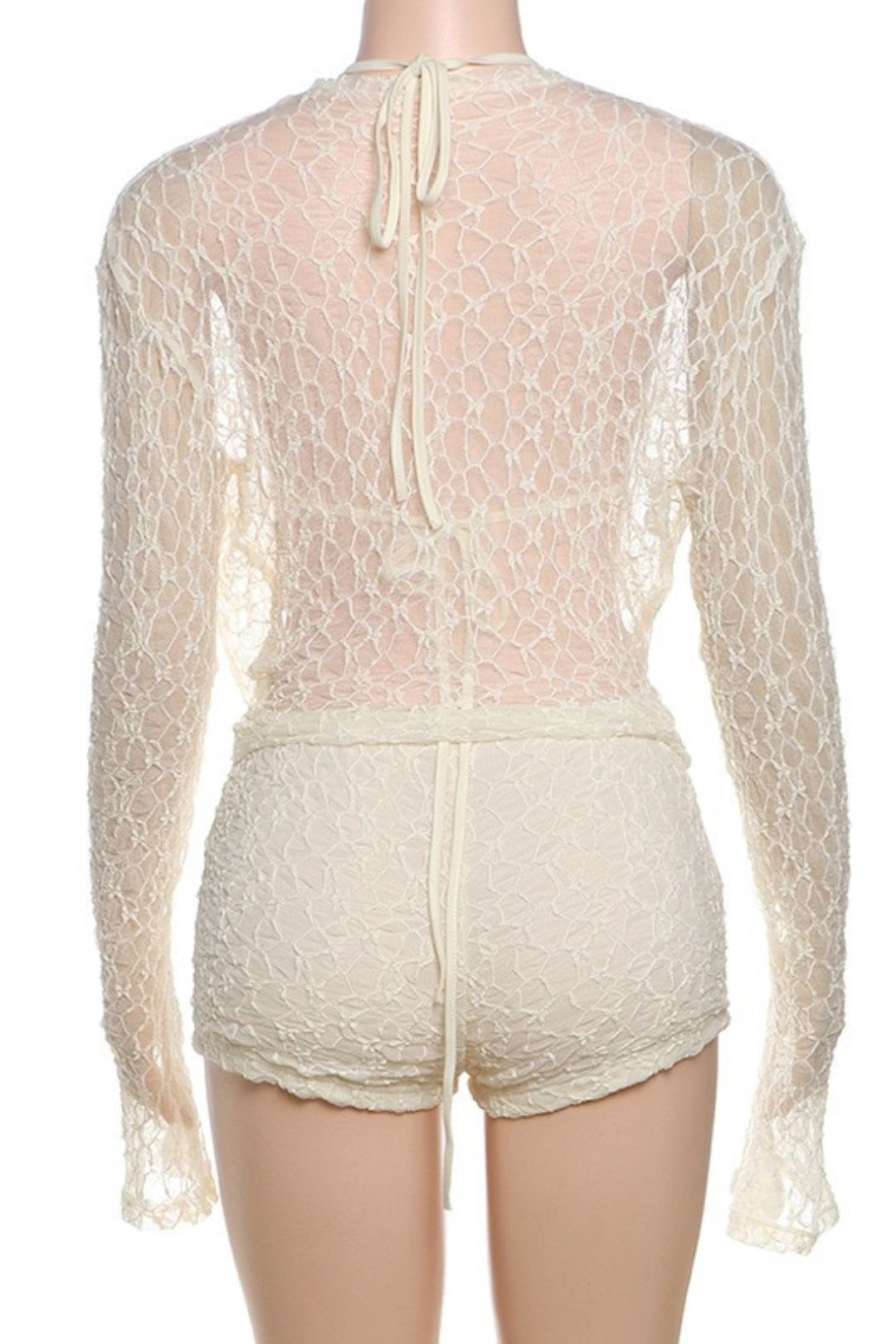 Sexy Lace Cut Out Long-Sleeved Halter Suspender Slim Shorts Three-Piece Set