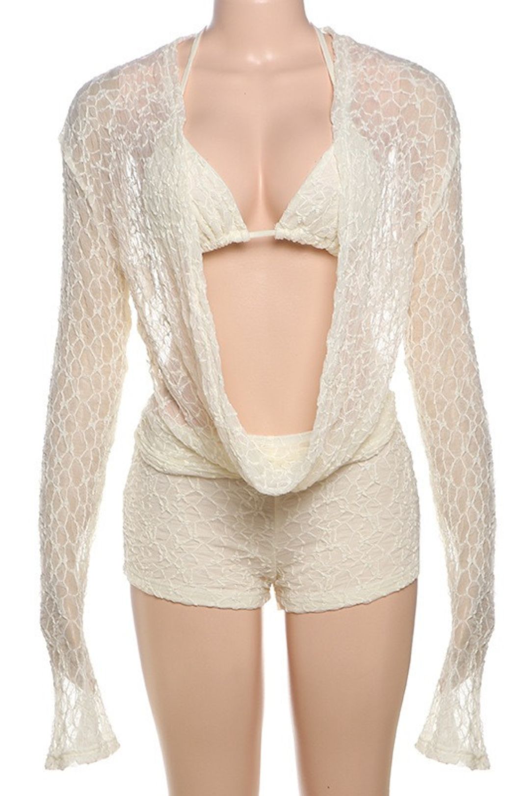 Sexy Lace Cut Out Long-Sleeved Halter Suspender Slim Shorts Three-Piece Set