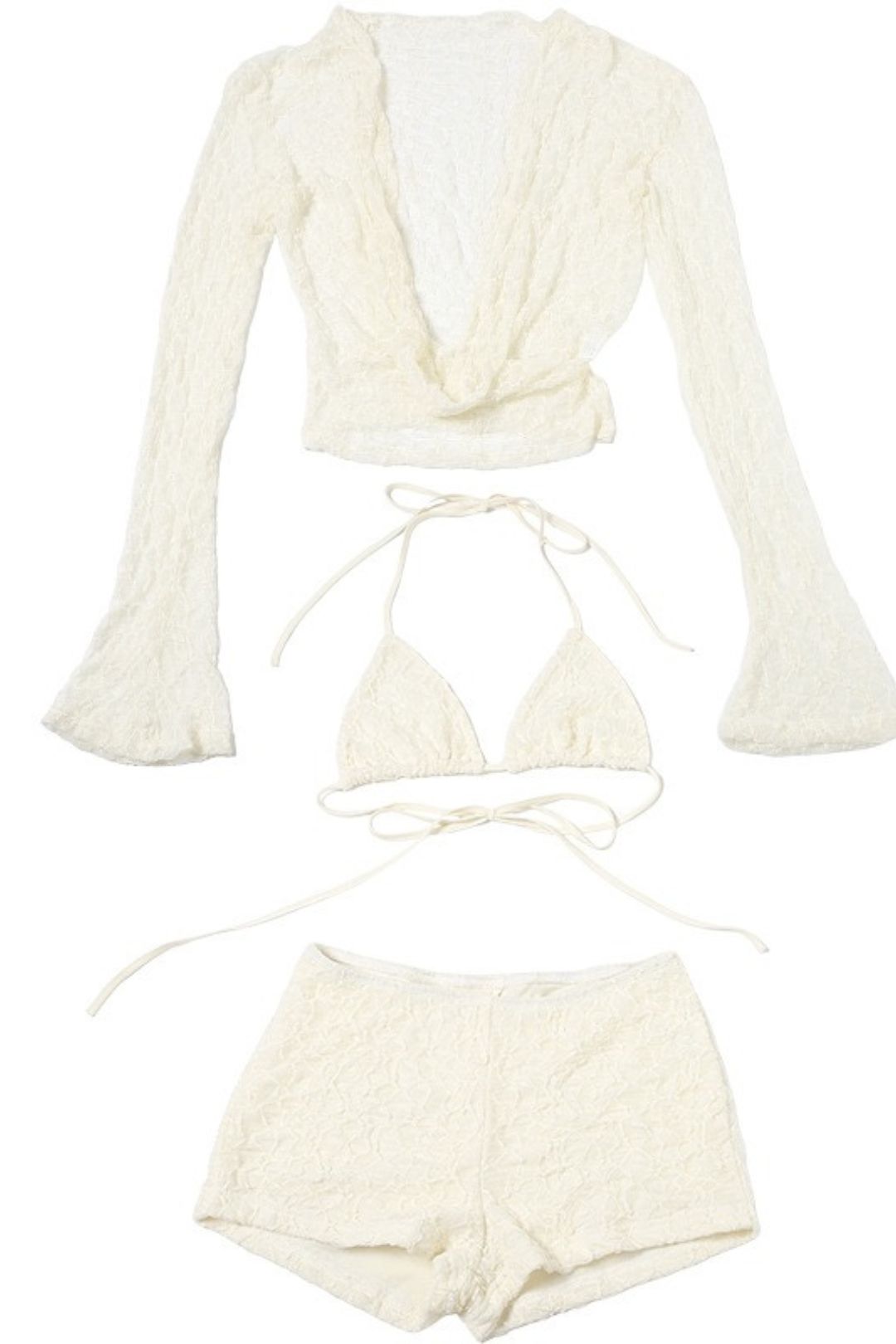 Sexy Lace Cut Out Long-Sleeved Halter Suspender Slim Shorts Three-Piece Set