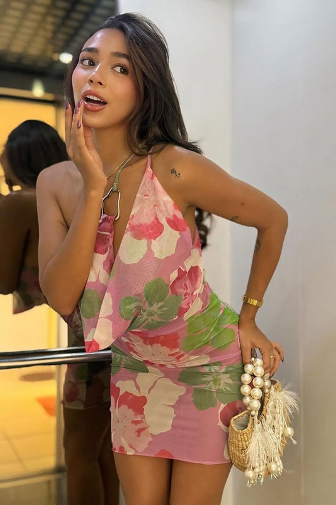 Sexy Slant Shoulder Mesh Backless Lace-up Slim-fit Hip Printed Dress