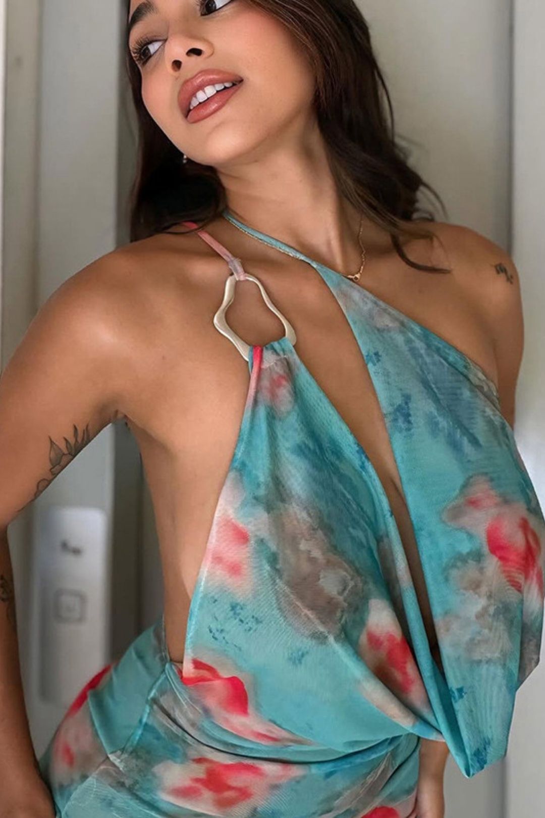 Sexy Slant Shoulder Mesh Backless Lace-up Slim-fit Hip Printed Dress