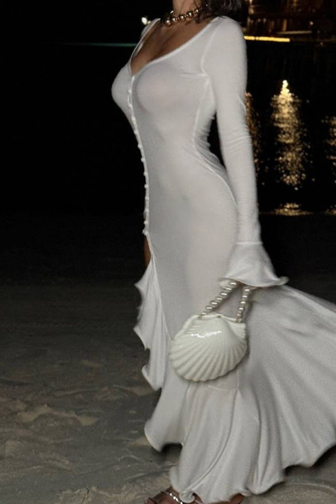 Solid Color Long-Sleeved V Neck Ruffled Slit Dress