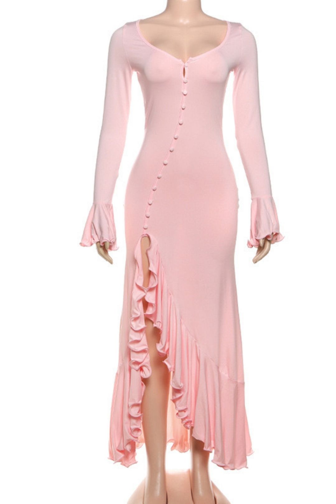 Solid Color Long-Sleeved V Neck Ruffled Slit Dress