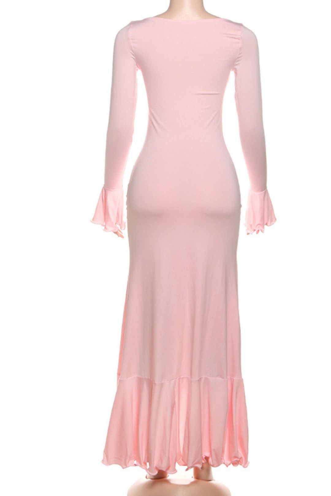 Solid Color Long-Sleeved V Neck Ruffled Slit Dress