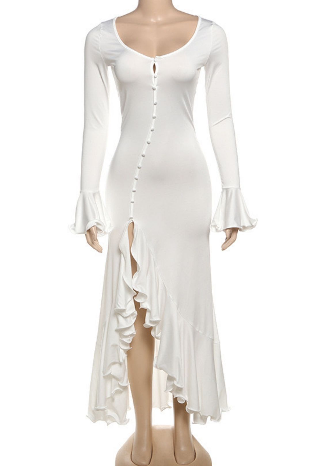 Solid Color Long-Sleeved V Neck Ruffled Slit Dress