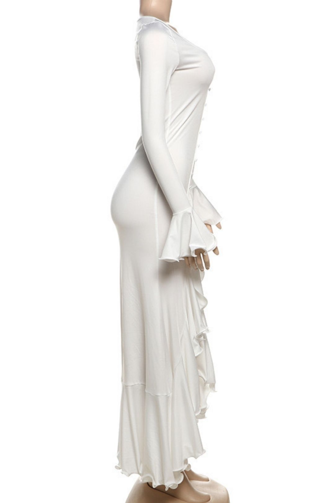 Solid Color Long-Sleeved V Neck Ruffled Slit Dress