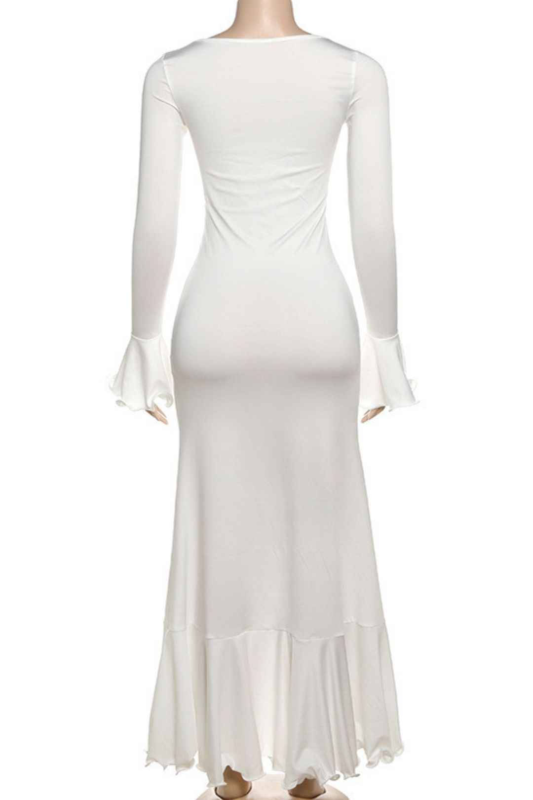 Solid Color Long-Sleeved V Neck Ruffled Slit Dress