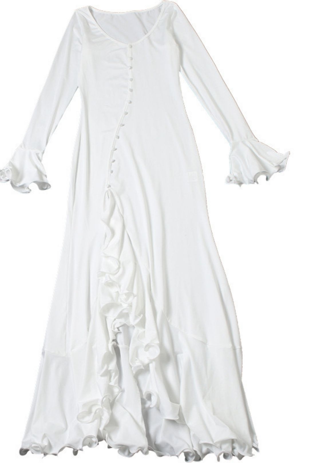 Solid Color Long-Sleeved V Neck Ruffled Slit Dress