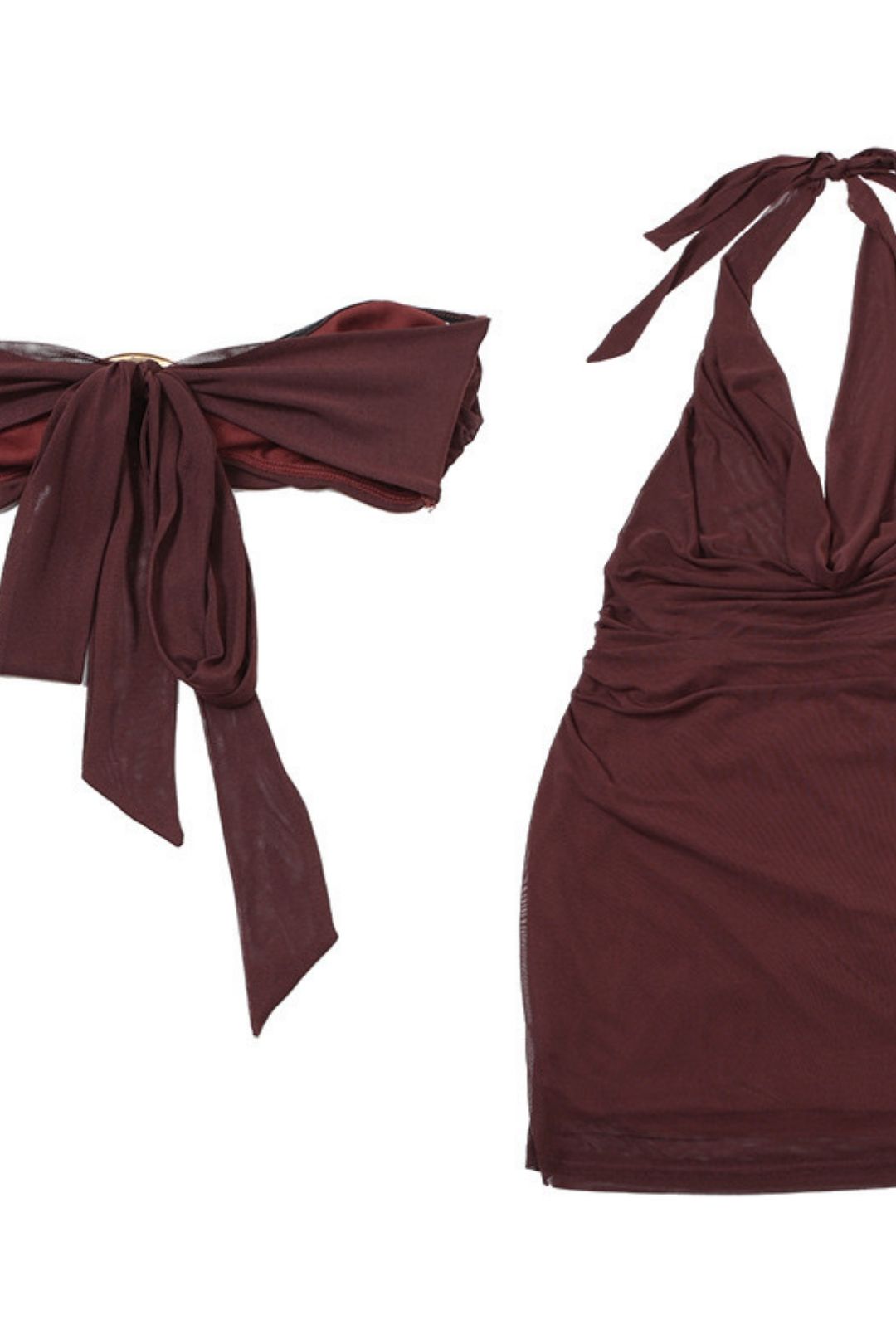 Sexy V-neck Hanging Neck Backless Dress Mesh Inner Tube Top Two-piece Set