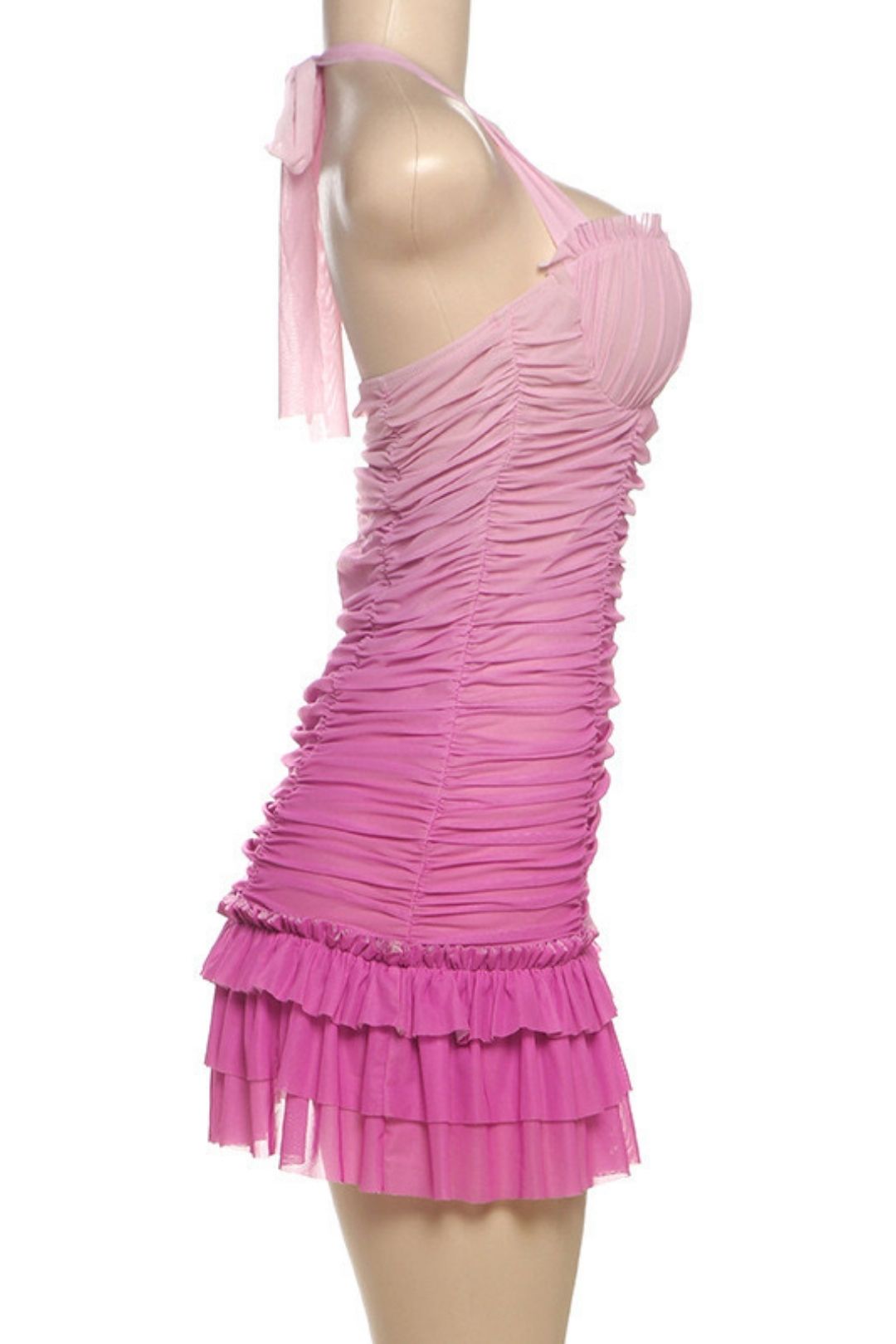 Mesh Splicing Sexy Contrasting Pleated Slim Halterneck Hip-Hugging Dress