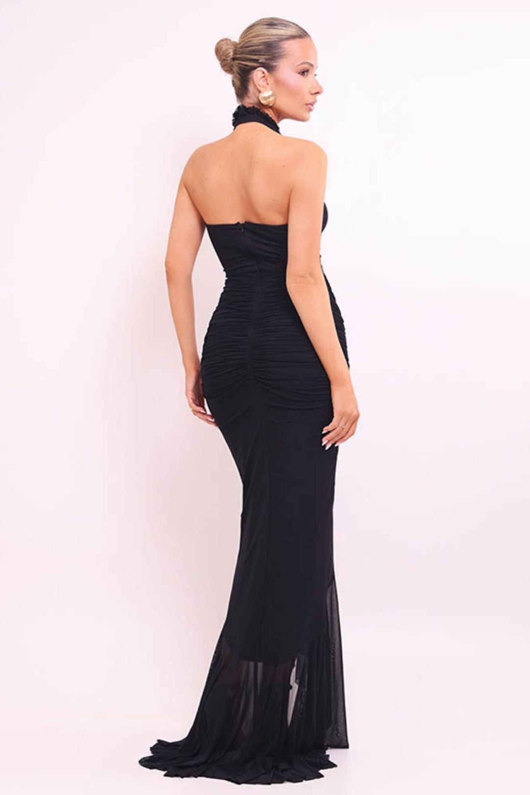 Sexy Halterneck Dress Summer Deep V Ruffled Slit Pleated Long Dress