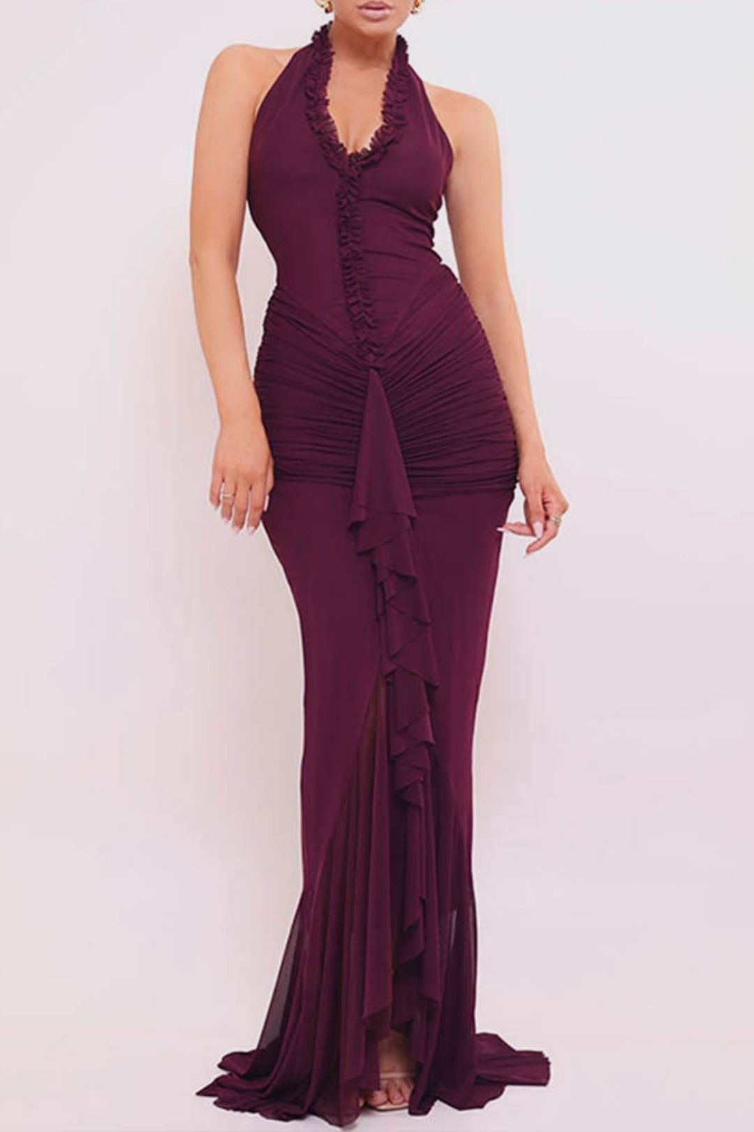 Sexy Halterneck Dress Summer Deep V Ruffled Slit Pleated Long Dress