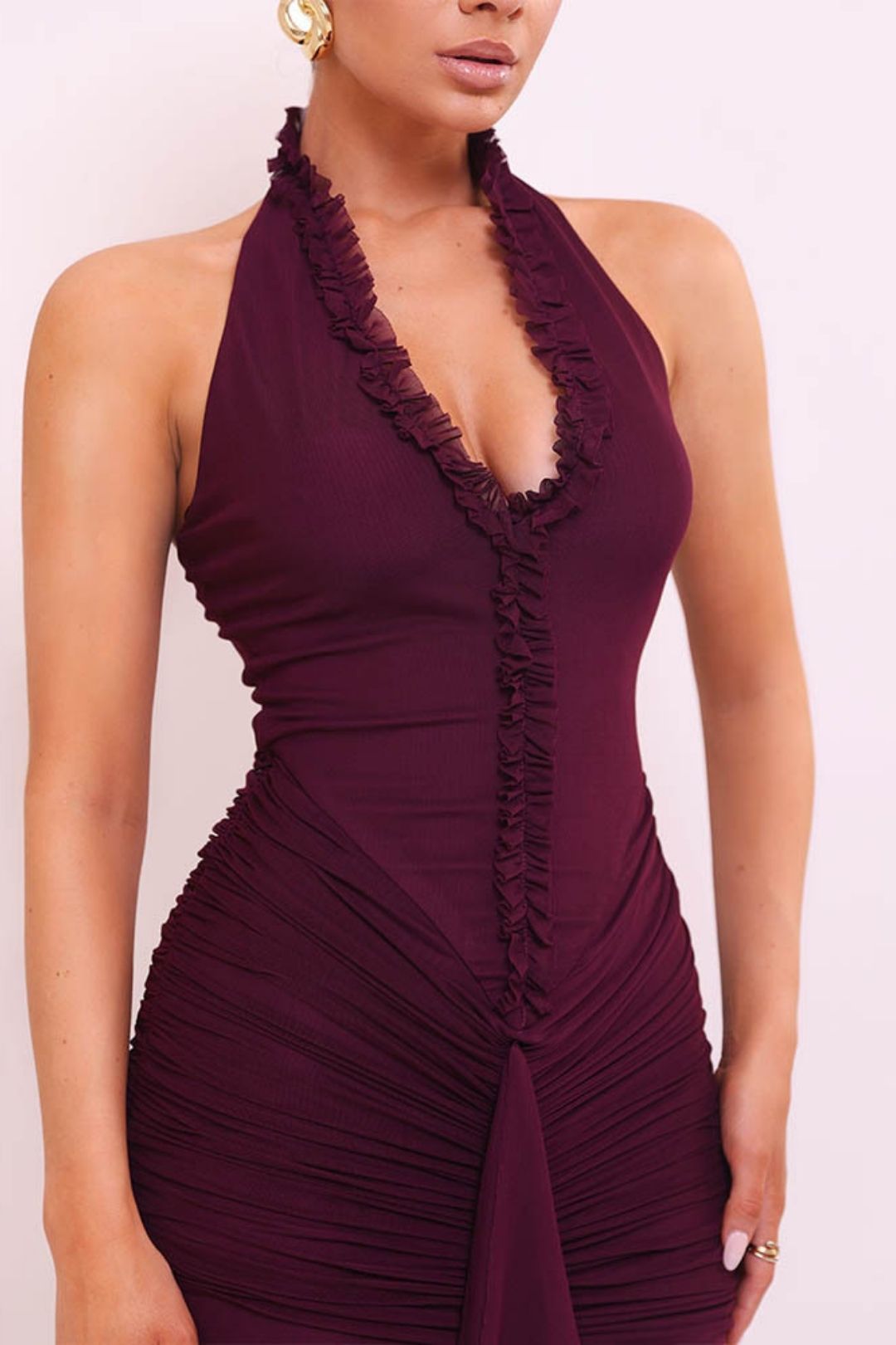 Sexy Halterneck Dress Summer Deep V Ruffled Slit Pleated Long Dress