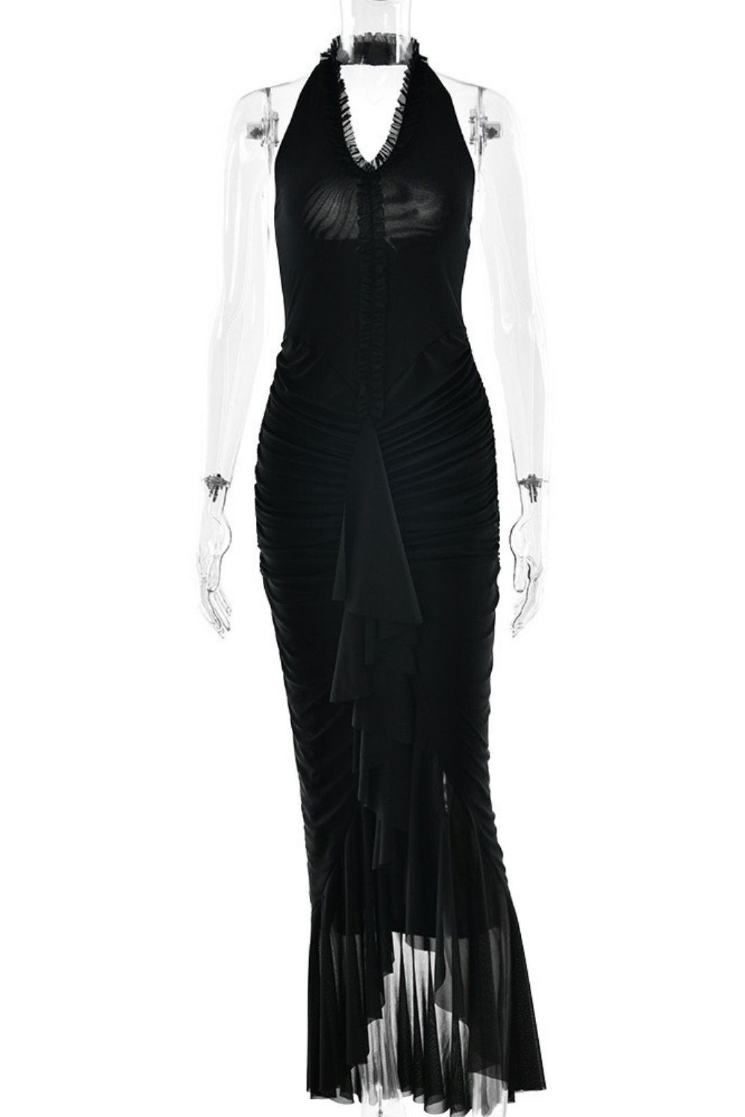 Sexy Halterneck Dress Summer Deep V Ruffled Slit Pleated Long Dress