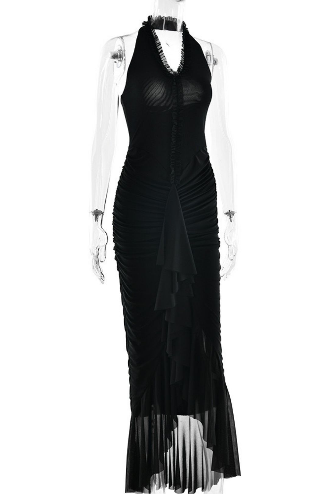 Sexy Halterneck Dress Summer Deep V Ruffled Slit Pleated Long Dress