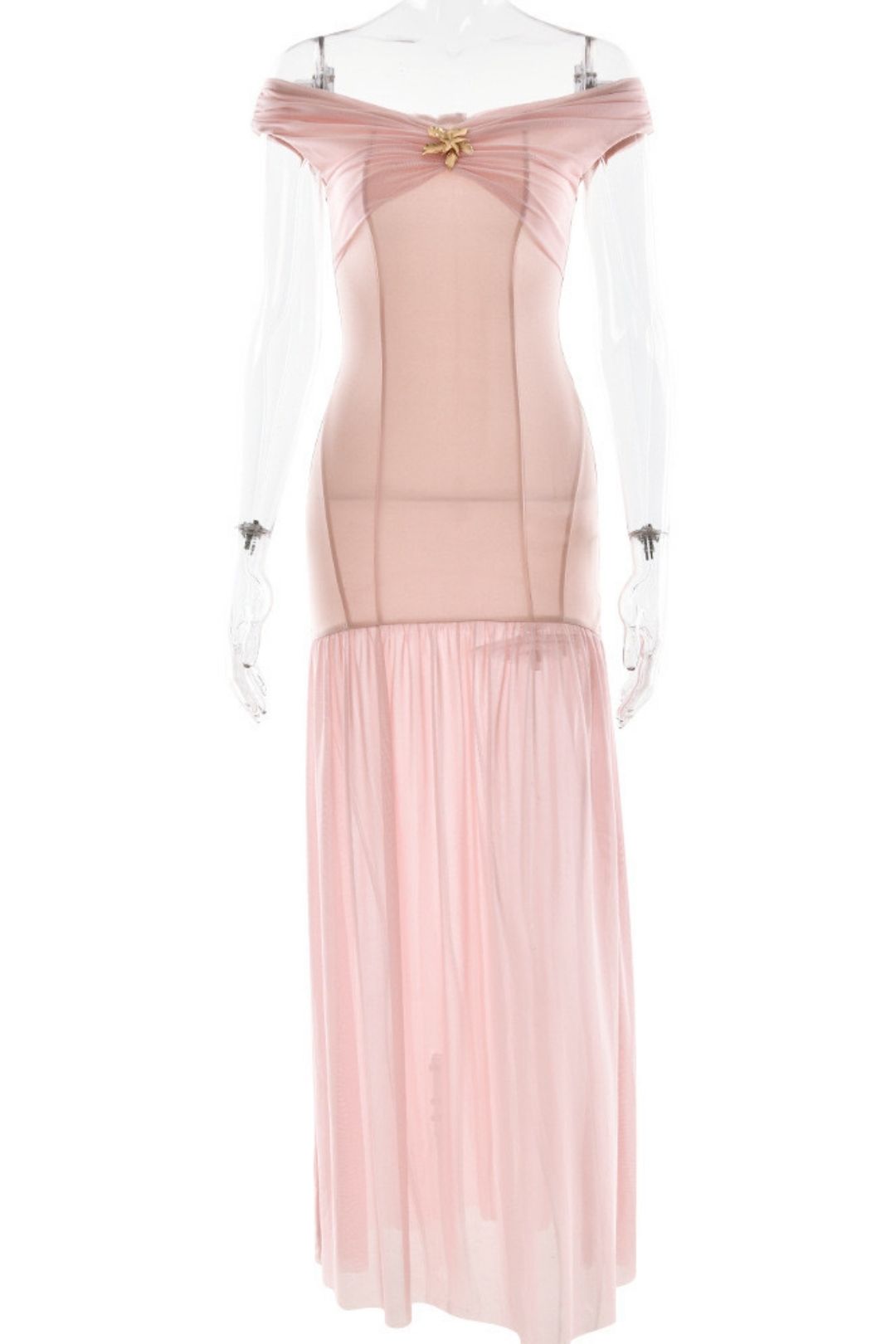 Sexy Mesh Splicing Backless Pleated Slim Long Dress