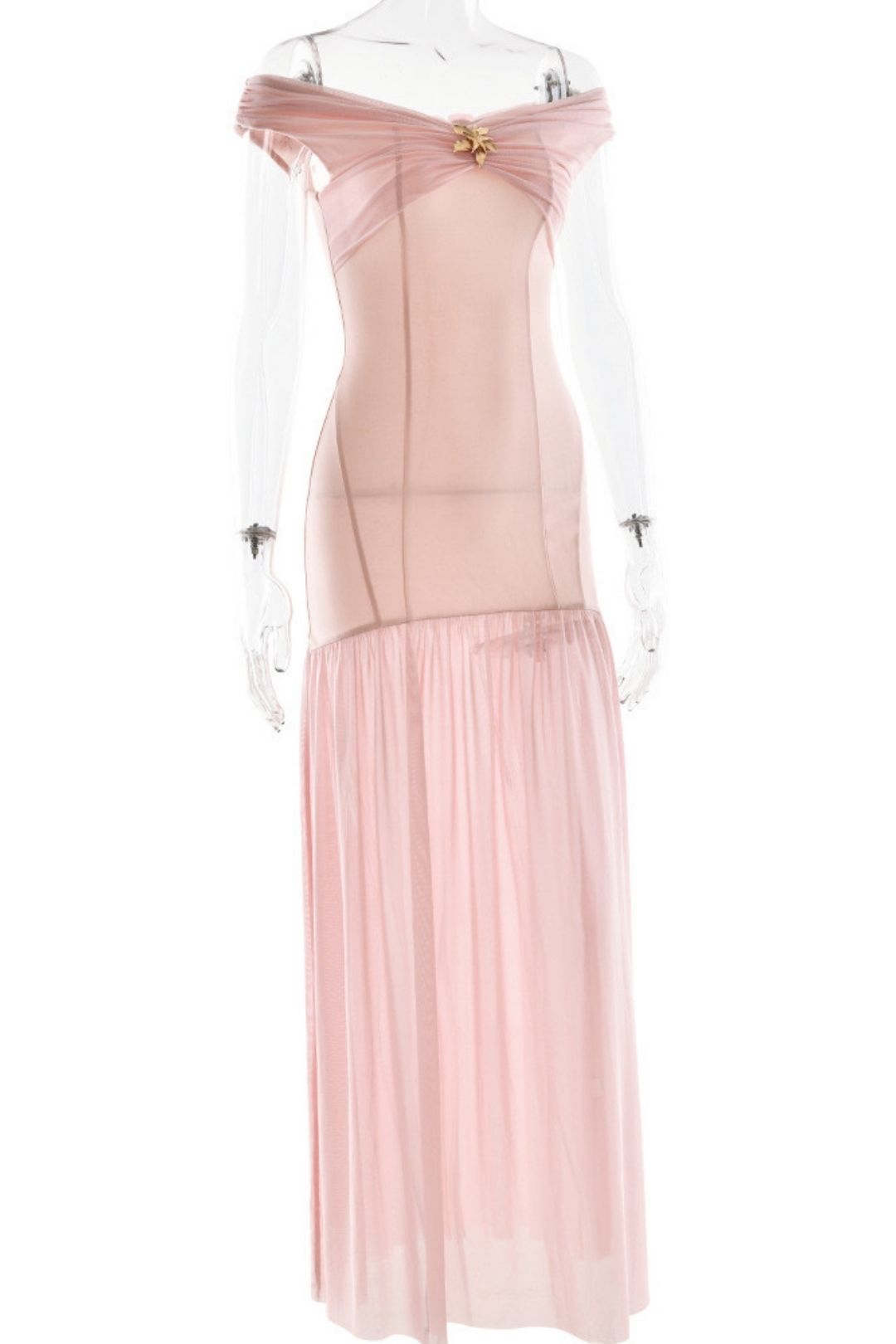 Sexy Mesh Splicing Backless Pleated Slim Long Dress