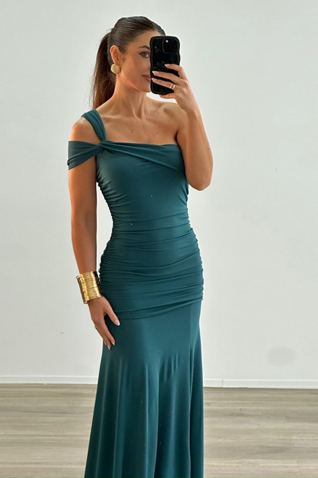 Asymmetrical Shoulder, Ruched Side Slit, And Slim Fit Dress