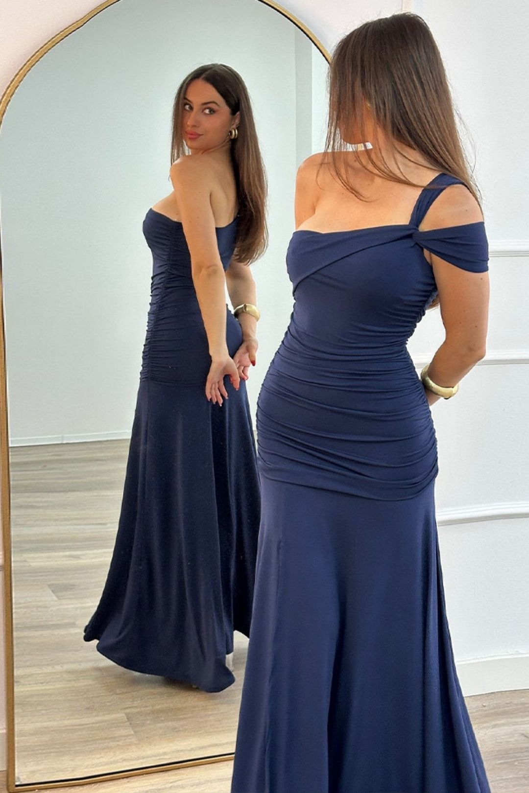 Asymmetrical Shoulder, Ruched Side Slit, And Slim Fit Dress