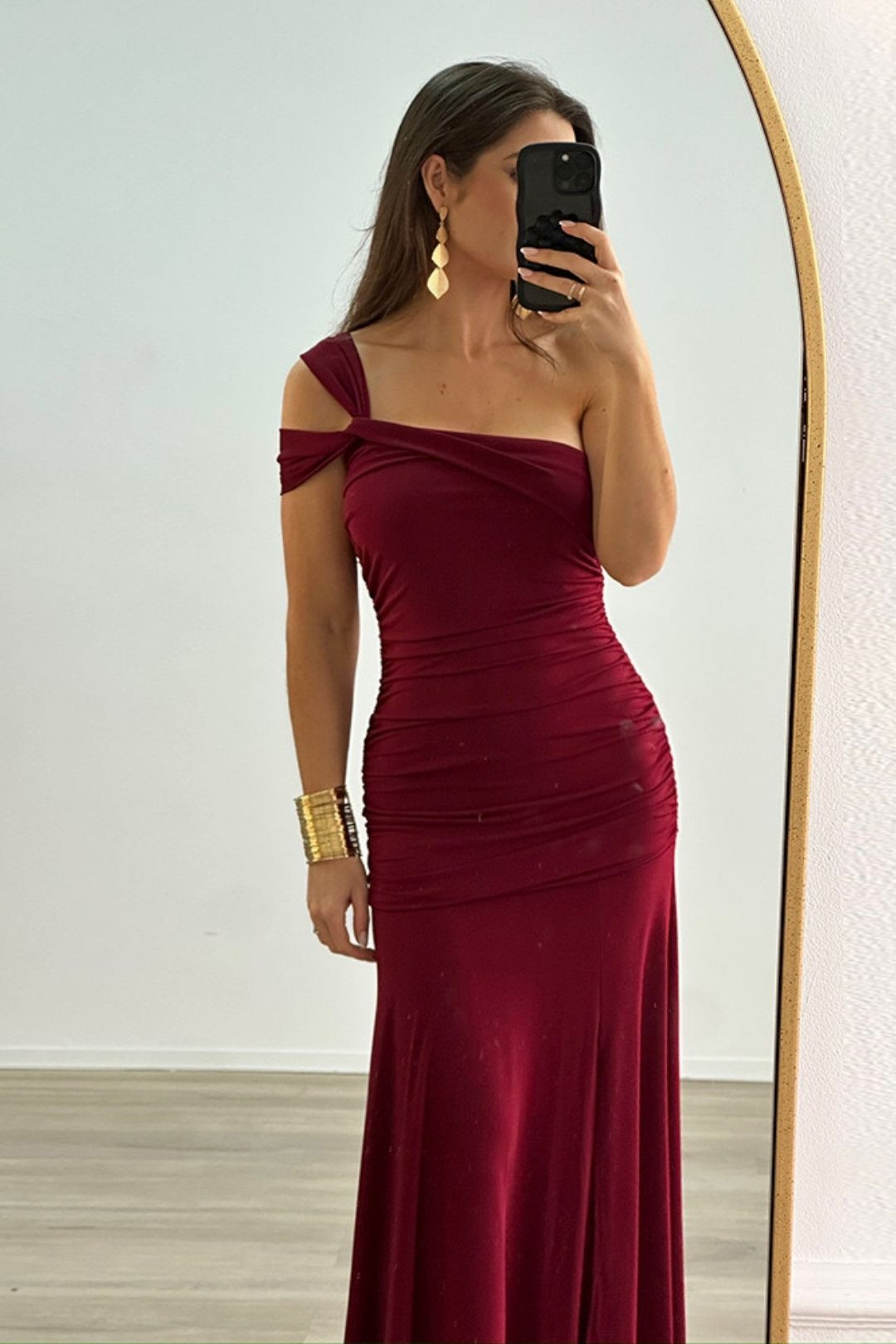 Asymmetrical Shoulder, Ruched Side Slit, And Slim Fit Dress