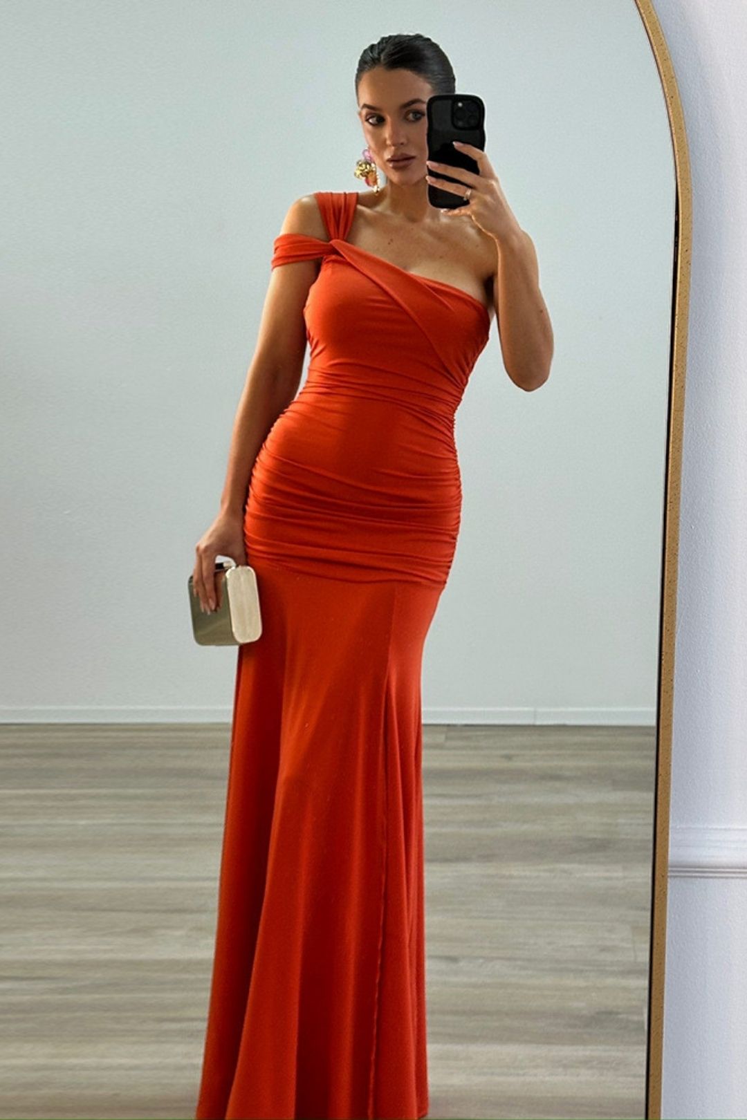 Asymmetrical Shoulder, Ruched Side Slit, And Slim Fit Dress