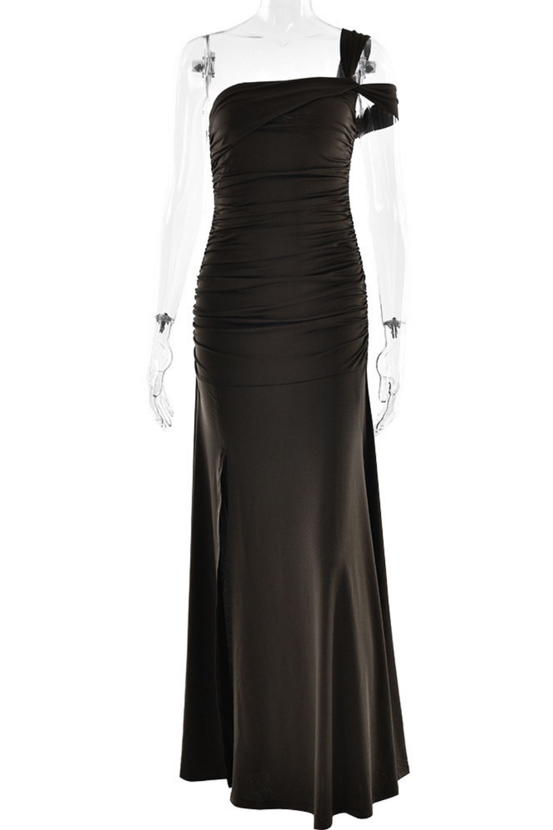 Asymmetrical Shoulder, Ruched Side Slit, And Slim Fit Dress