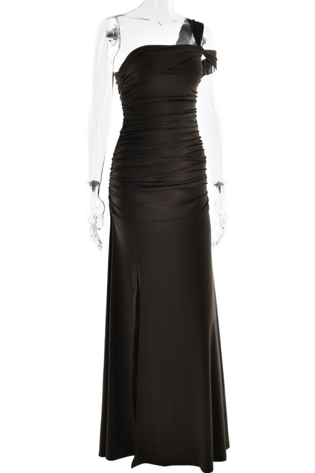 Asymmetrical Shoulder, Ruched Side Slit, And Slim Fit Dress