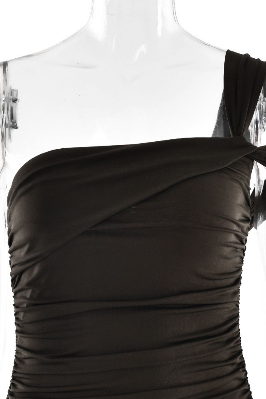 Asymmetrical Shoulder, Ruched Side Slit, And Slim Fit Dress